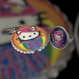 Vintage Tarina Tarantino Hello Kitty Pink Head Swarovski Charm & Cameo Ring Set